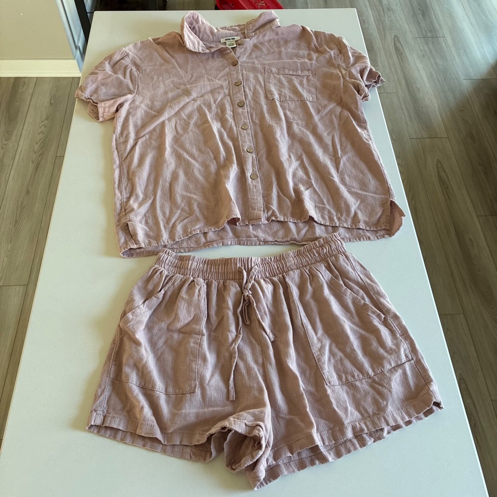 Rachel Paige Mauve Linen Blend 2 Piece Set Button Down Shirt and Shorts Womens M